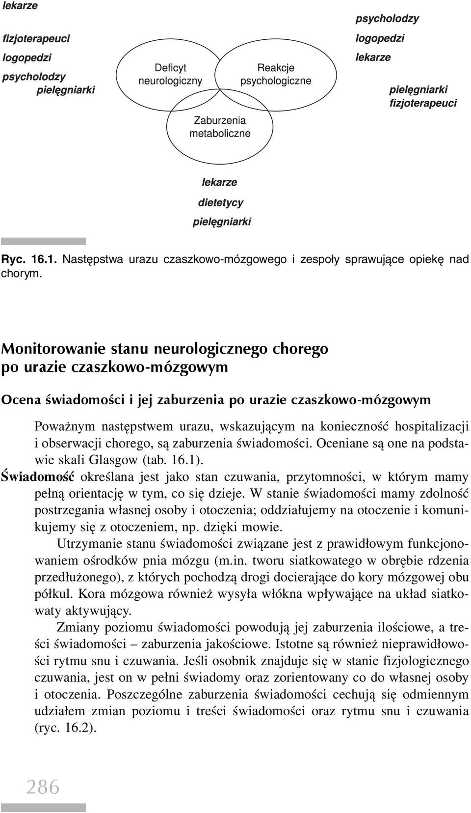 hospitalizacji i obserwacji chorego, są zaburzenia świadomości. Oceniane są one na podstawie skali Glasgow (tab. 16.1).