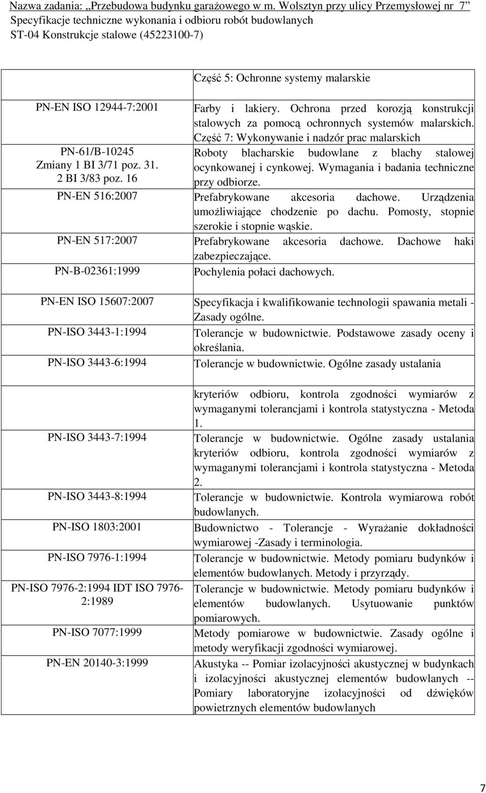 PN-EN 516:2007 Prefabrykowane akcesoria dachowe. Urządzenia umożliwiające chodzenie po dachu. Pomosty, stopnie szerokie i stopnie wąskie. PN-EN 517:2007 Prefabrykowane akcesoria dachowe.