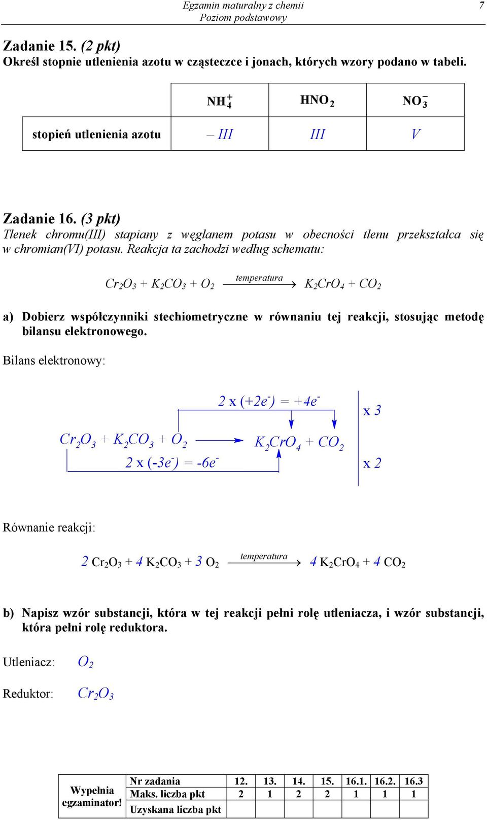 Reakcja ta zachodzi według schematu: r 2 O 3 + K 2 O 3 + O 2 temperatura K 2 ro 4 + O 2 a) Dobierz współczynniki stechiometryczne w równaniu tej reakcji, stosując metodę bilansu elektronowego.
