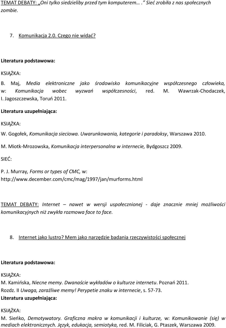 Uwarunkowania, kategorie i paradoksy, Warszawa 2010. M. Miotk-Mrozowska, Komunikacja interpersonalna w internecie, Bydgoszcz 2009. P. J. Murray, Forms or types of CMC, w: http://www.december.