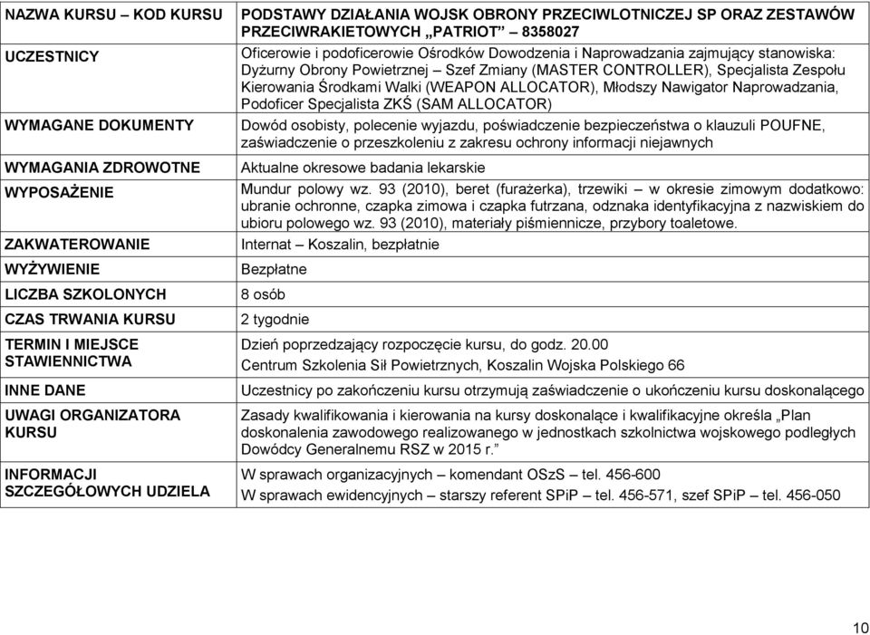 Naprowadzania, Podoficer Specjalista ZKŚ (SAM ALLOCATOR) Dowód osobisty, polecenie wyjazdu, poświadczenie bezpieczeństwa o klauzuli POUFNE, zaświadczenie o przeszkoleniu z zakresu