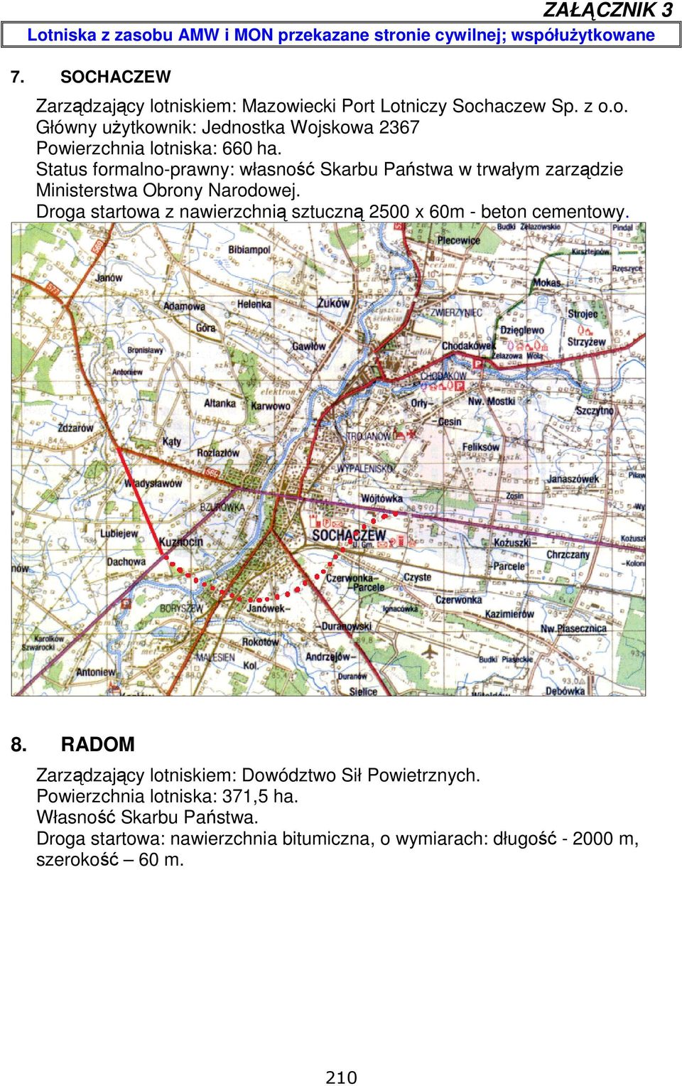 Droga startowa z nawierzchnią sztuczną 2500 x 60m - beton cementowy. 8. RADOM Zarządzający lotniskiem: Dowództwo Sił Powietrznych.