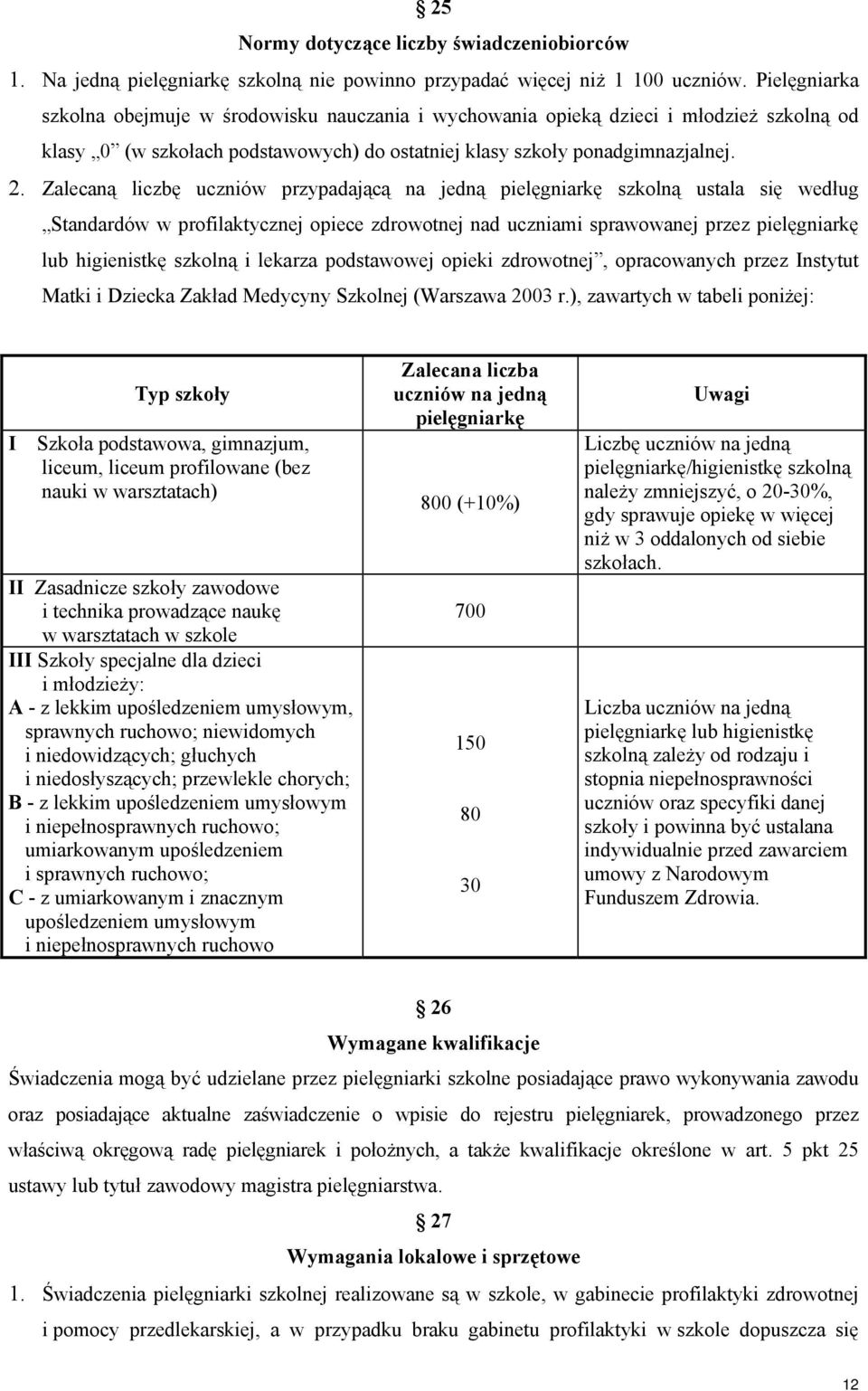 Zalecaną liczbę uczniów przypadającą na jedną pielęgniarkę szkolną ustala się według Standardów w profilaktycznej opiece zdrowotnej nad uczniami sprawowanej przez pielęgniarkę lub higienistkę szkolną