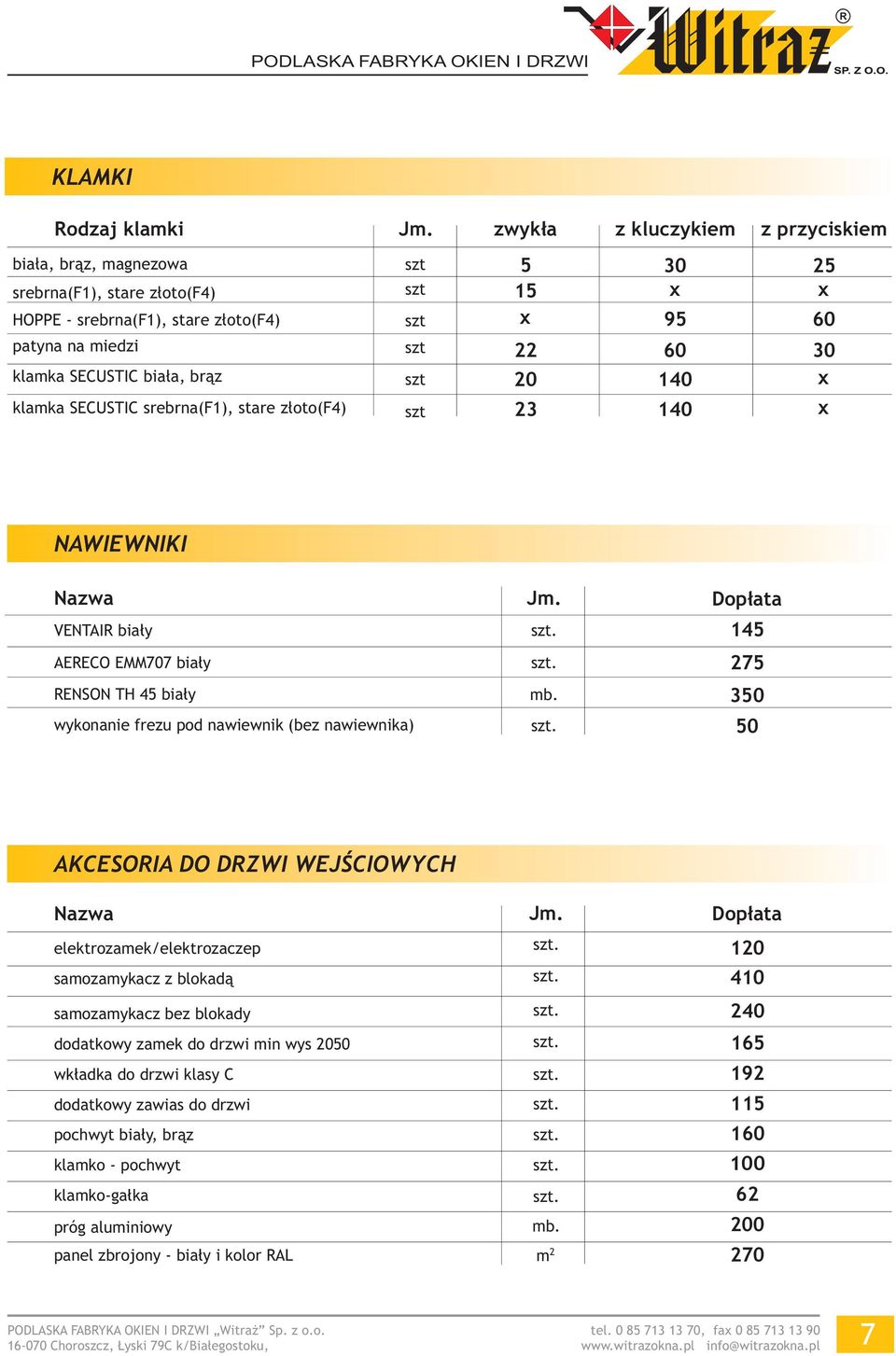 bia³a, br¹z szt 20 140 klamka SECUSTIC srebrna(f1), stare z³oto(f4) 23 140 szt NAWIEWNIKI Nazwa Jm. Dop³ata VENTAI bia³y szt. 145 AEECO EMM707 bia³y szt. 275 ENSON TH 45 bia³y mb.