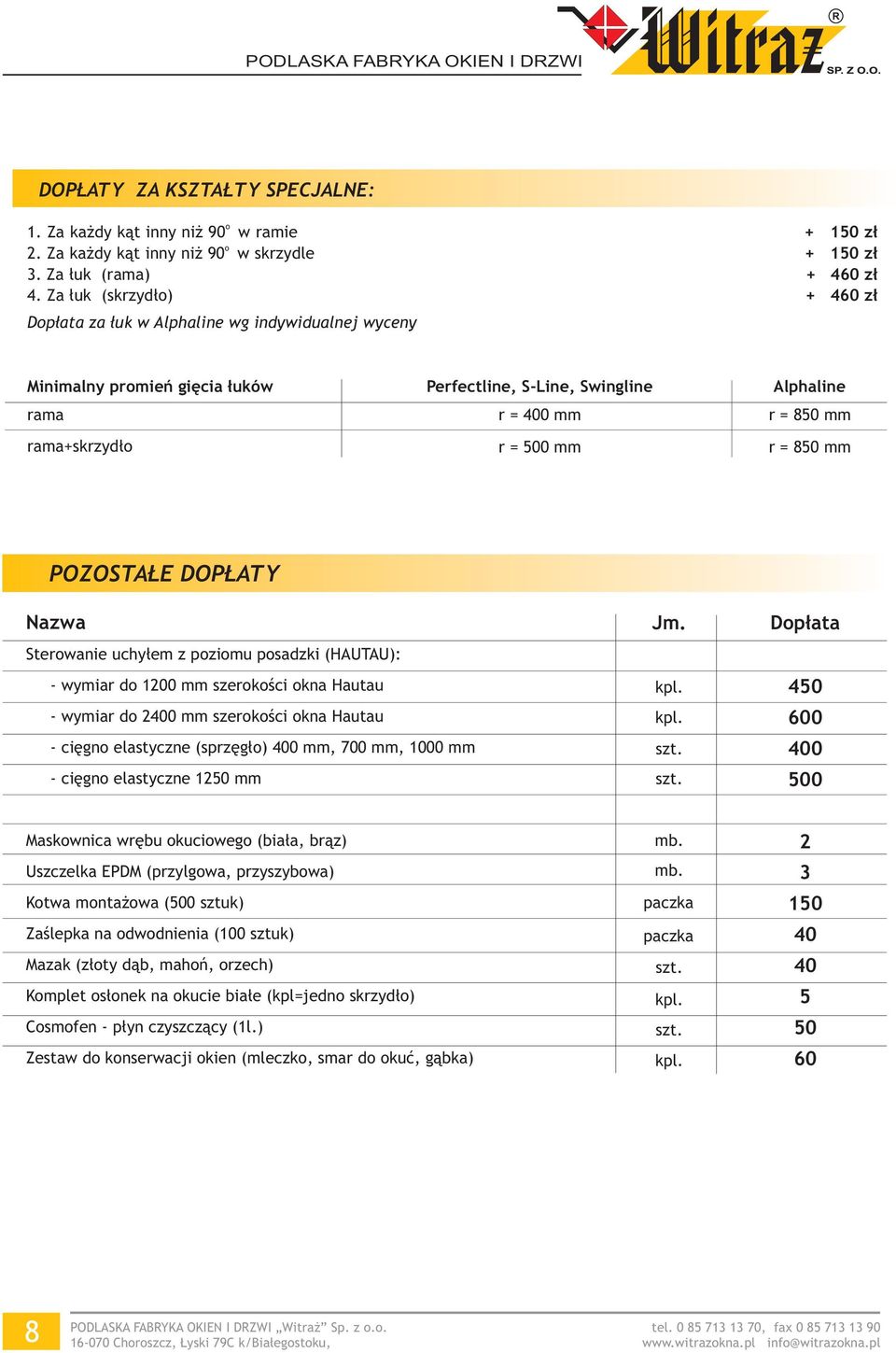 = 500 mm Alphaline r = 850 mm r = 850 mm POZOSTA E DOP ATY Nazwa Sterowanie uchy³em z poziomu posadzki (HAUTAU): - wymiar do 1200 mm szerokoœci okna Hautau - wymiar do 2400 mm szerokoœci okna Hautau