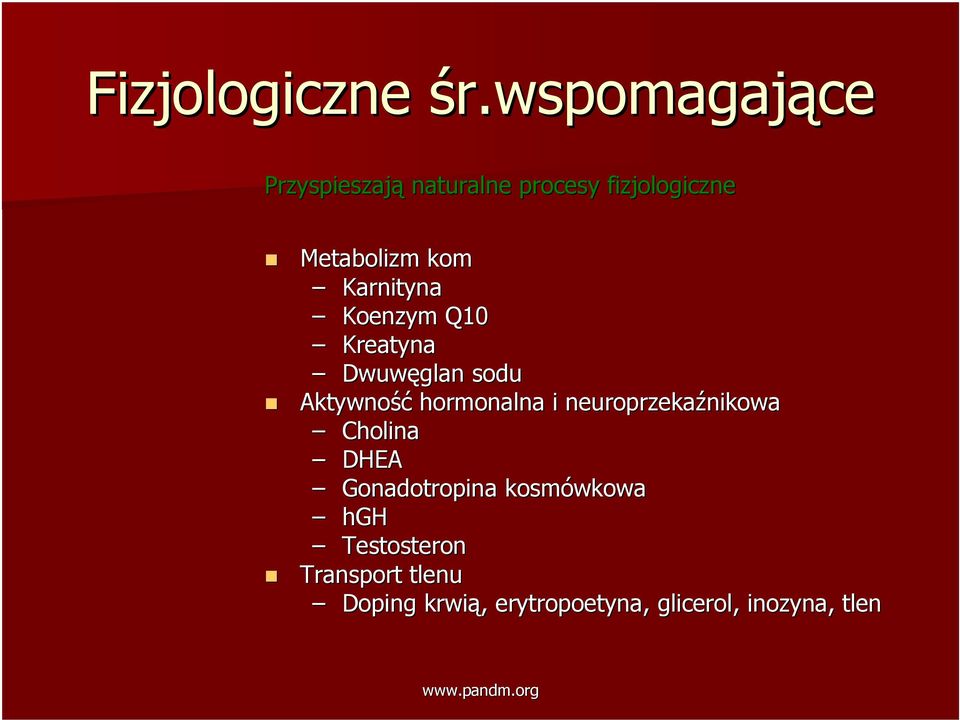 Karnityna Koenzym Q10 Kreatyna Dwuwęglan sodu Aktywność hormonalna i