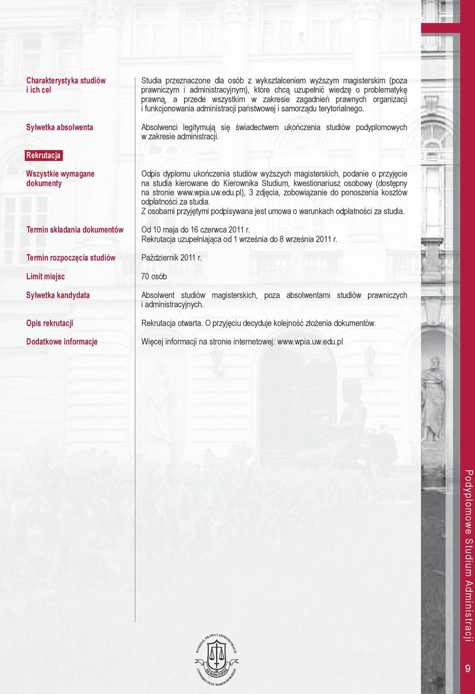 Absolwenci legitymują się świadectwem ukończenia studiów w zakresie administracji.