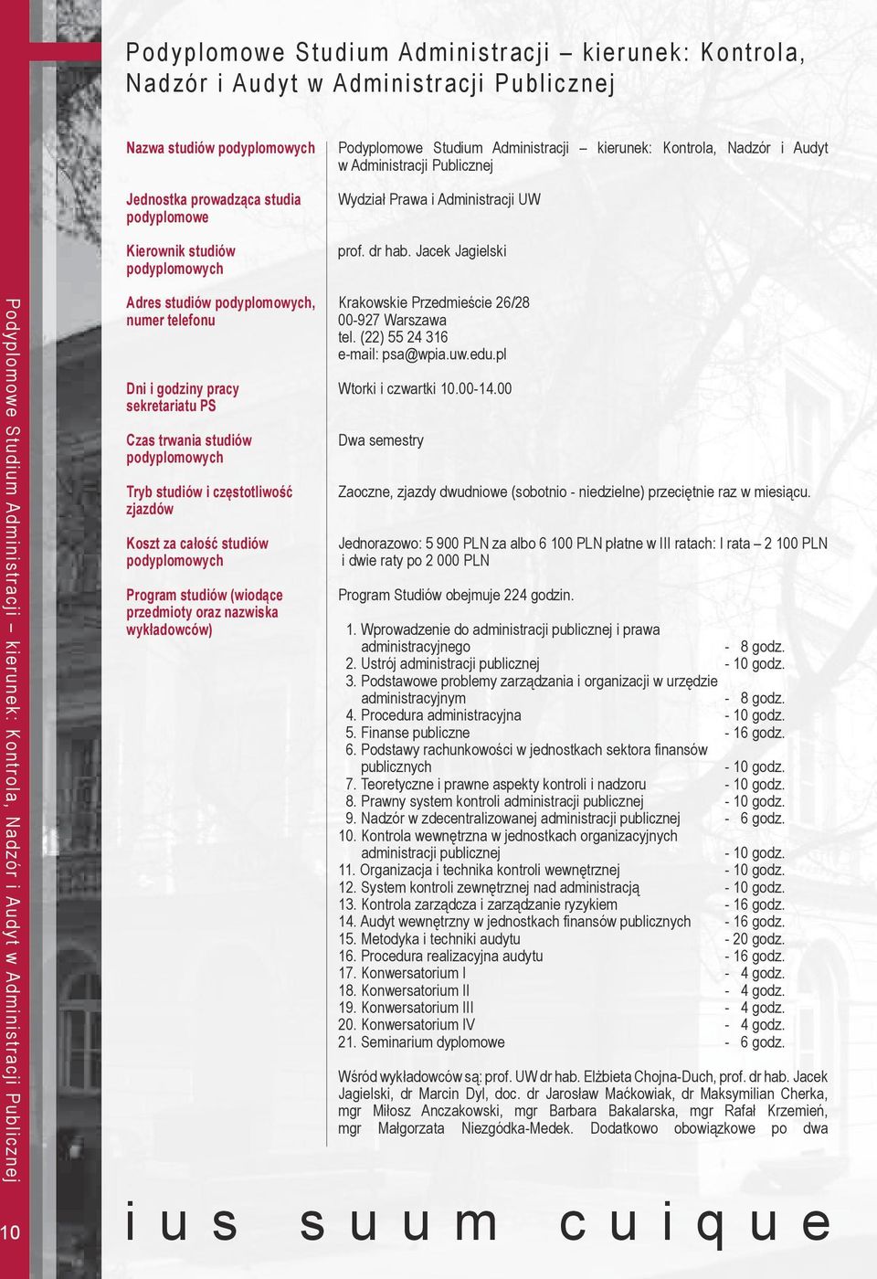 Jacek Jagielski Podyplomowe Studium Administracji kierunek: Kontrola, Nadzór i Audyt w Administracji Publicznej 10 Adres studiów, numer telefonu Dni i godziny pracy sekretariatu PS Czas trwania