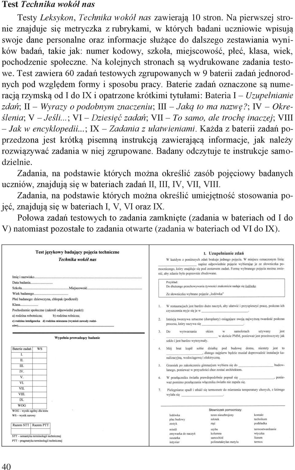 kodowy, szkoła, miejscowość, płeć, klasa, wiek, pochodzenie społeczne. Na kolejnych stronach są wydrukowane zadania testowe.