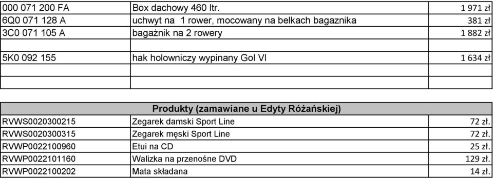 882 zł 5K0 092 155 hak holowniczy wypinany Gol VI 1 634 zł Produkty (zamawiane u Edyty Różańskiej) RVWS0020300215