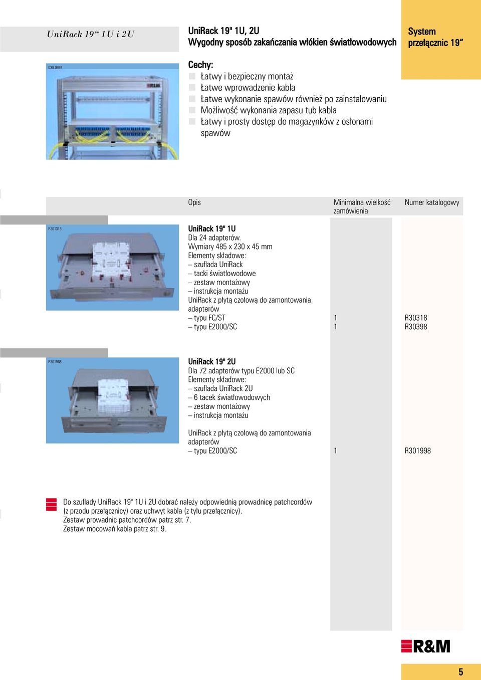 zapasu tub kabla atwy i prosty dost p do magazynków z os onami spawów System Opis Minimalna wielkoêç Numer katalogowy R301318 UniRack 19" 1U Dla 24 adapterów.