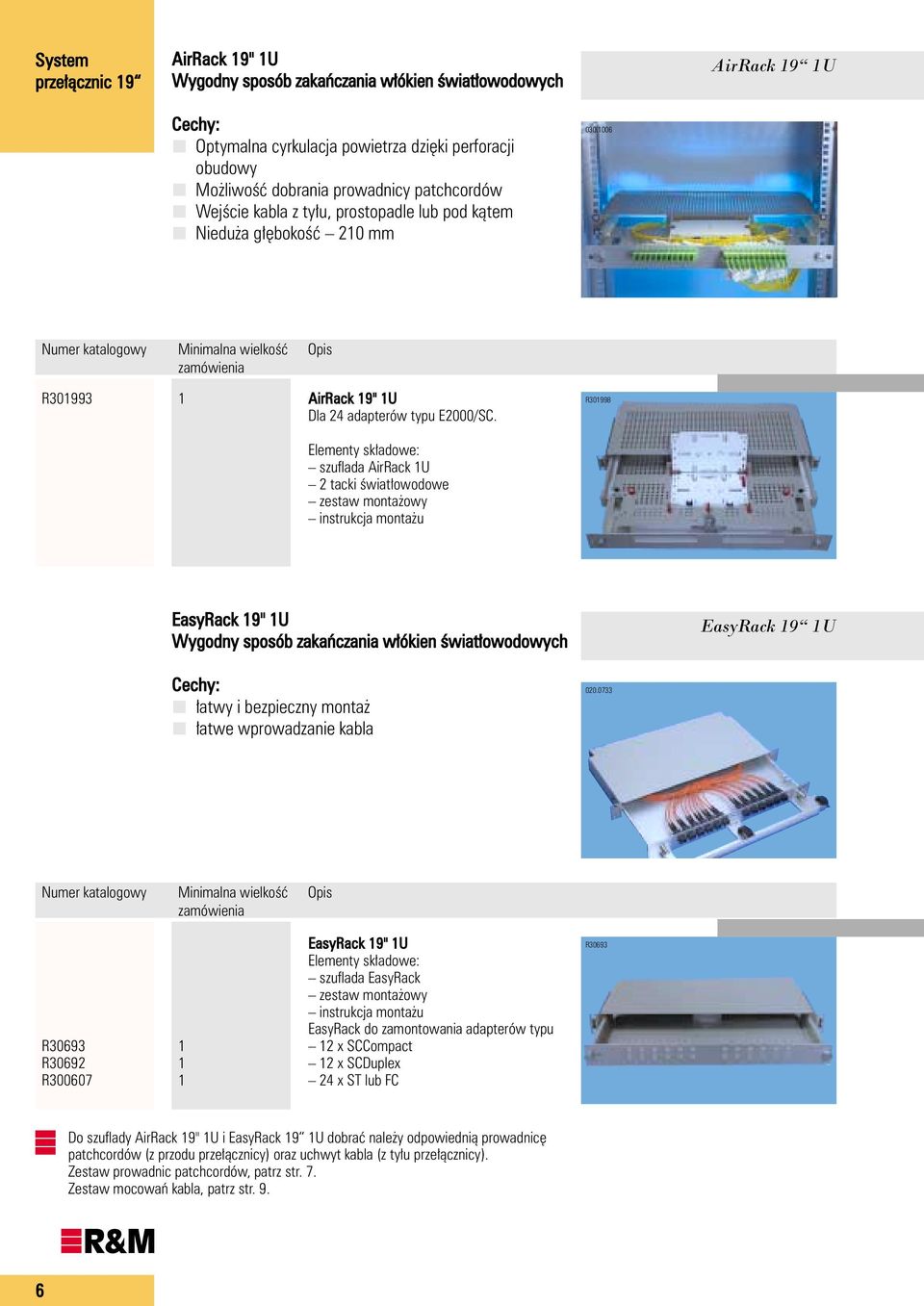 Elementy sk adowe: szuflada AirRack 1U 2 tacki Êwiat owodowe zestaw monta owy instrukcja monta u EasyRack 19" 1U Wygodny sposób zakaƒczania w ókien Êwiat owodowych EasyRack 19 1U Cechy: atwy i