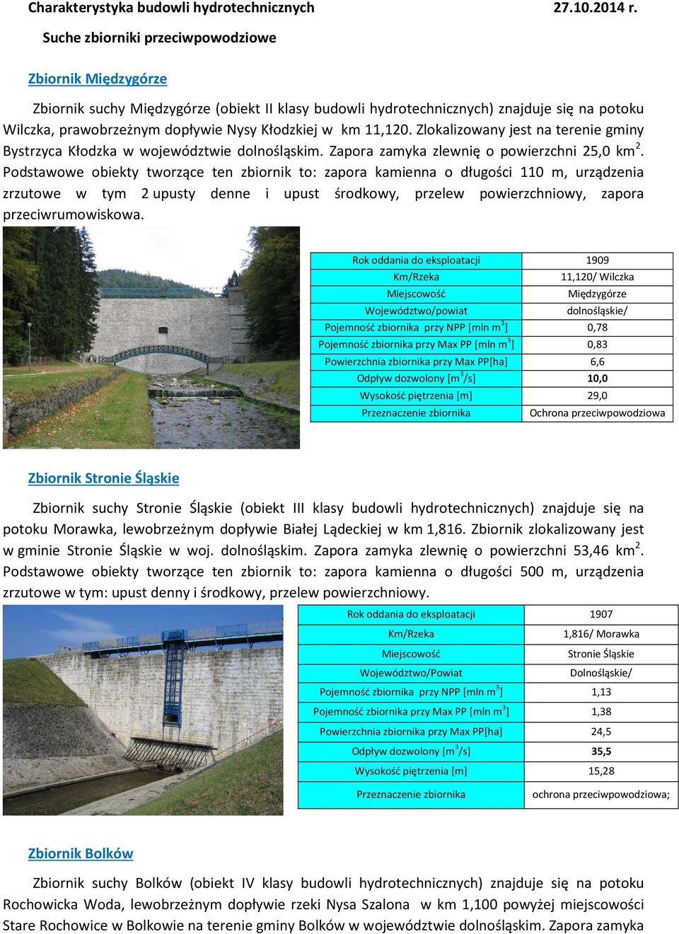 km 11,120. Zlokalizowany jest na terenie gminy Bystrzyca Kłodzka w województwie dolnośląskim. Zapora zamyka zlewnię o powierzchni 25,0 km 2.