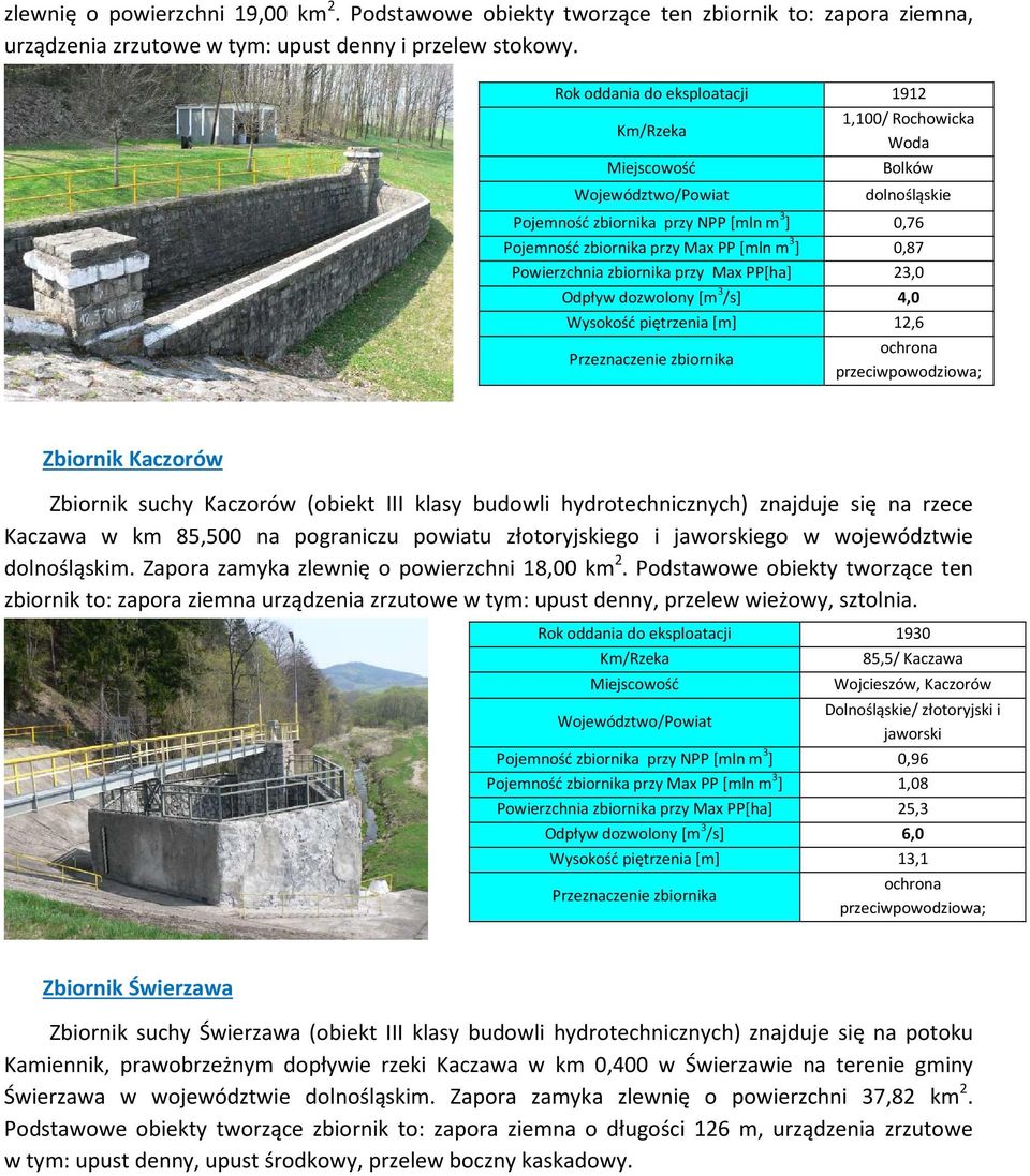 Max PP[ha] 23,0 Odpływ dozwolony [m 3 /s] 4,0 Wysokość piętrzenia [m] 12,6 przeciwpowodziowa; Zbiornik Kaczorów Zbiornik suchy Kaczorów (obiekt III klasy budowli hydrotechnicznych) znajduje się na