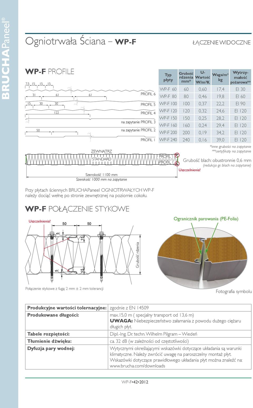 Szerokość 1100 mm Szerokość 1000 mm na zapytanie 50 50 ZEWNĄTRZ STANDARD Typ płyty Grubość rdzenia mm* ŁĄCZENIE WIDOCZNE U- Waga/m² Wartość kg W/m²K Wytrzymałość pożarowa** WP-F 60 60 0,60 17,4 EI