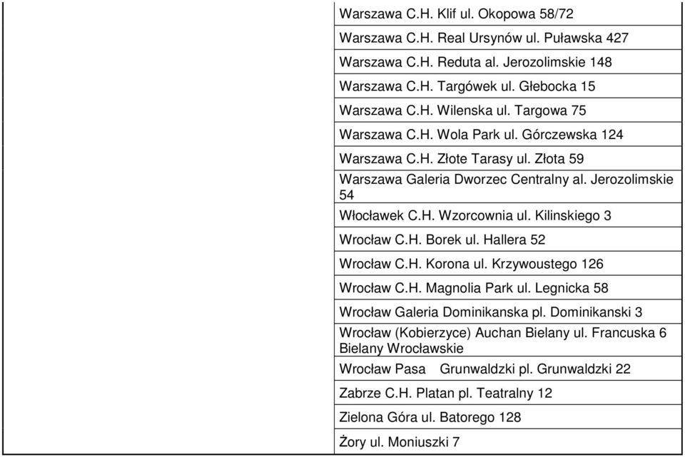 Kilinskiego 3 Wrocław C.H. Borek ul. Hallera 52 Wrocław C.H. Korona ul. Krzywoustego 126 Wrocław C.H. Magnolia Park ul. Legnicka 58 Wrocław Galeria Dominikanska pl.