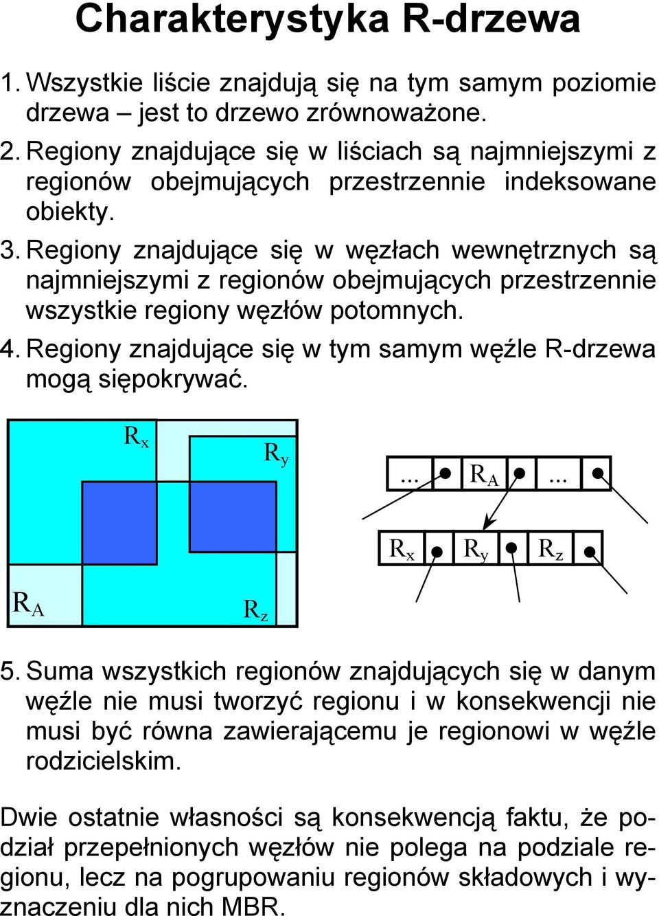 Regiony znajdujące się w węzłach wewnętrznych są najmniejszymi z regionów obejmujących przestrzennie wszystkie regiony węzłów potomnych. 4.