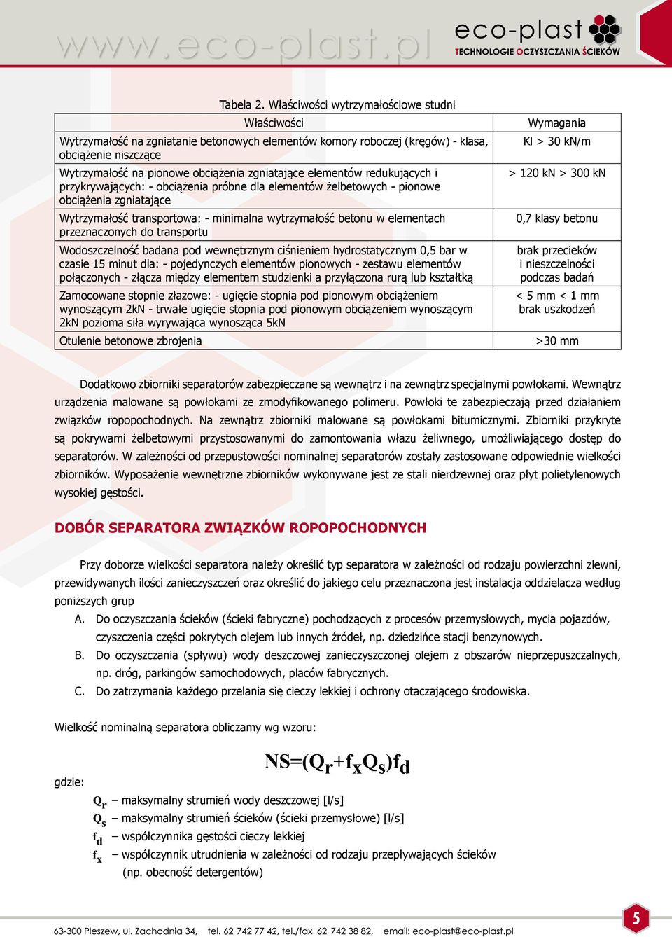 elementów redukujących i przykrywających: - obciążenia próbne dla elementów żelbetowych - pionowe obciążenia zgniatające Wytrzymałość transportowa: - minimalna wytrzymałość betonu w elementach
