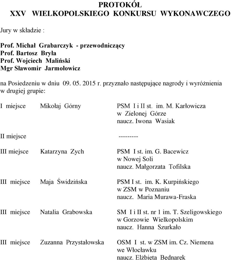 Iwona Wasiak II miejsce --------- III miejsce Katarzyna Zych PSM I st. im. G. Bacewicz w Nowej Soli naucz. Małgorzata Tofilska III miejsce Maja Świdzińska PSM I st. im. K. Kurpińskiego w ZSM naucz.