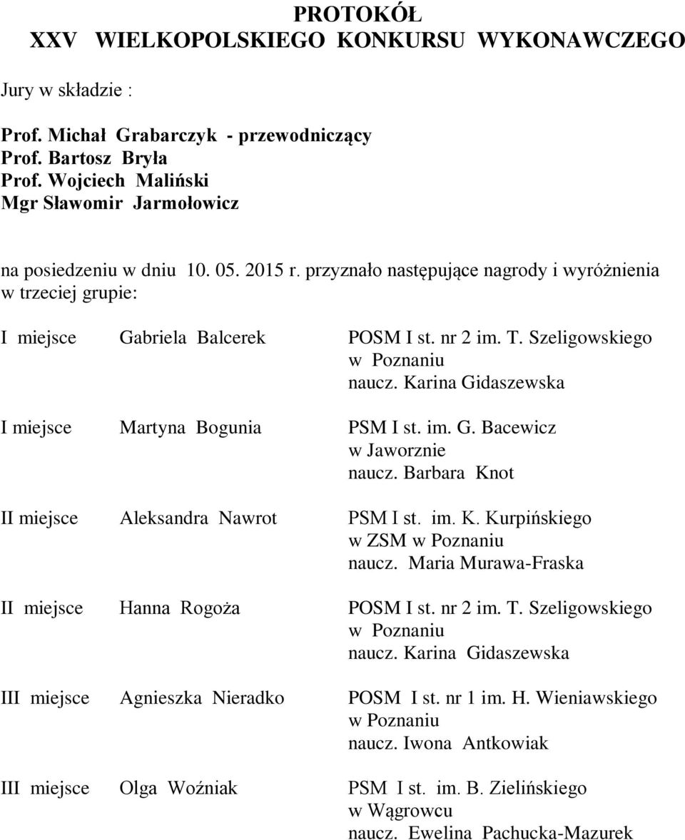 Szeligowskiego naucz. Karina Gidaszewska I miejsce Martyna Bogunia PSM I st. im. G. Bacewicz w Jaworznie naucz. Barbara Knot II miejsce Aleksandra Nawrot PSM I st. im. K. Kurpińskiego w ZSM naucz.