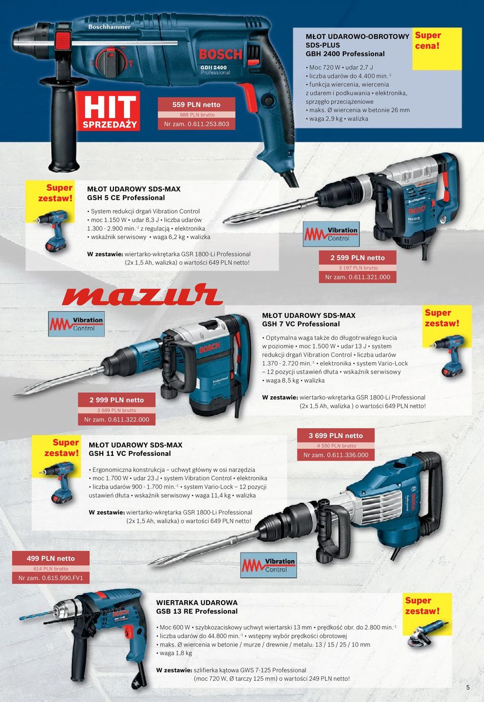 MŁOT UDAROWY SDS-MAX GSH 5 CE System redukcji drgań Vibration Control moc 1.150 W udar 8,3 J liczba udarów 1.300-2.900 min.