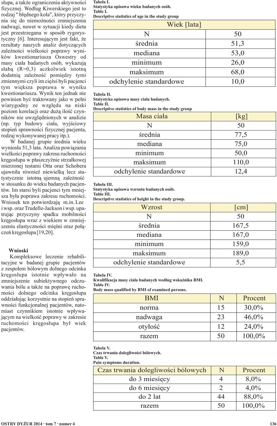 Interesującym jest fakt, że rezultaty naszych analiz dotyczących zależności wielkości poprawy wyników kwestionariusza Oswestry od masy ciała badanych osób, wykazują słabą (R=0,3) aczkolwiek istotną