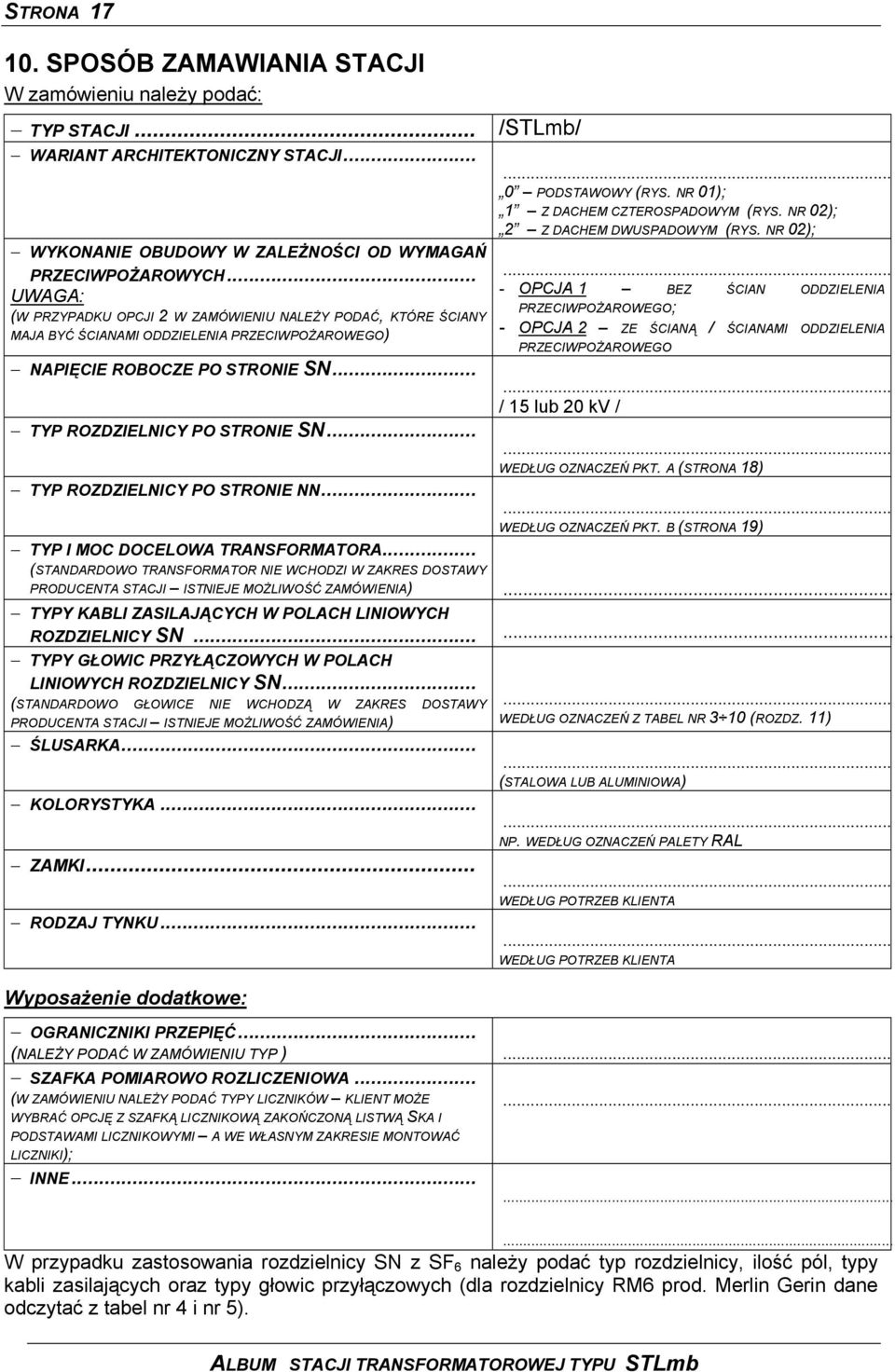 .. TYP ROZDZIELNICY PO STRONIE NN... /STLmb/... 0 PODSTAWOWY (RYS. NR 01); 1 Z DACHEM CZTEROSPADOWYM (RYS. NR 02); 