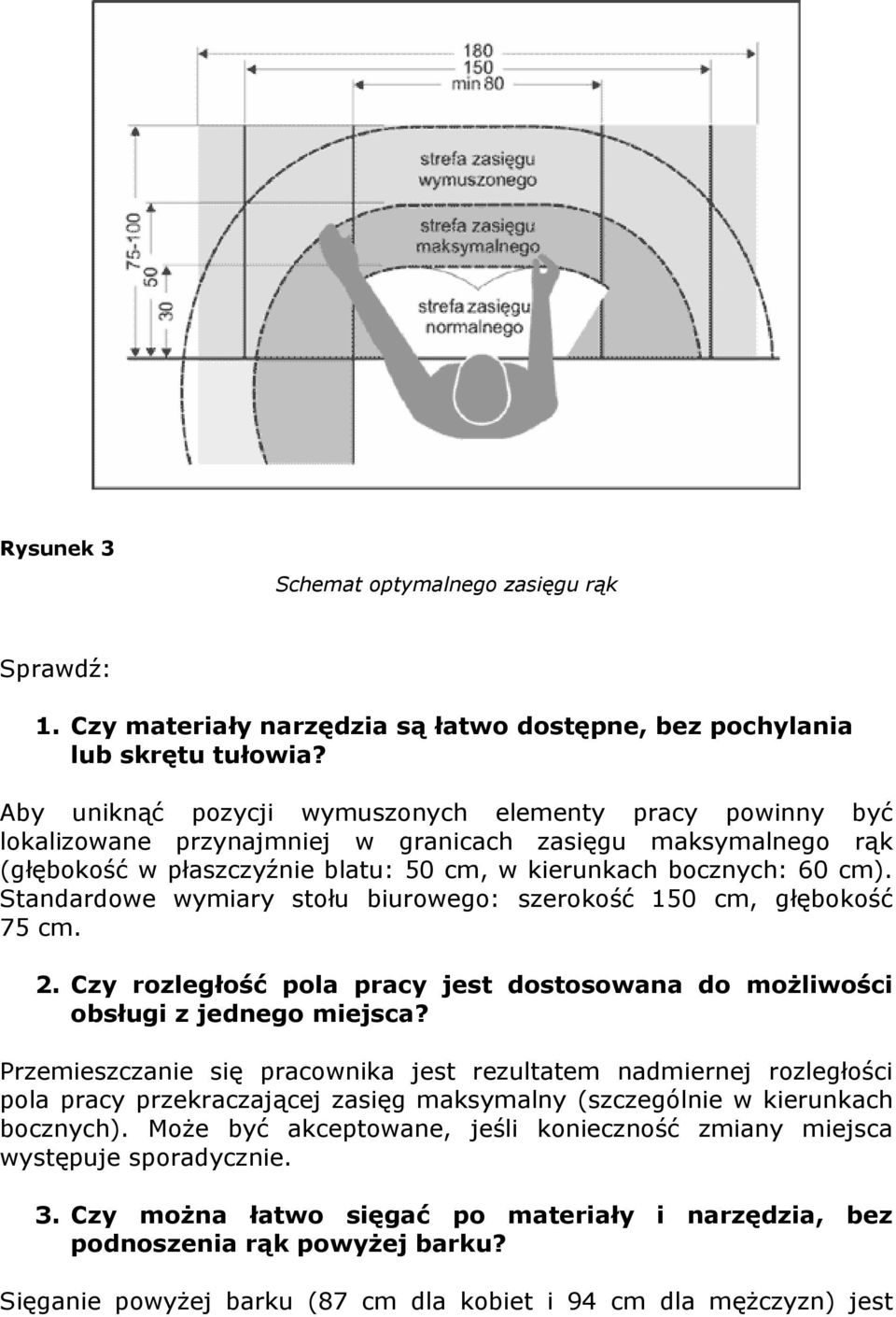 Standardowe wymiary stołu biurowego: szerokość 150 cm, głębokość 75 cm. 2. Czy rozległość pola pracy jest dostosowana do możliwości obsługi z jednego miejsca?