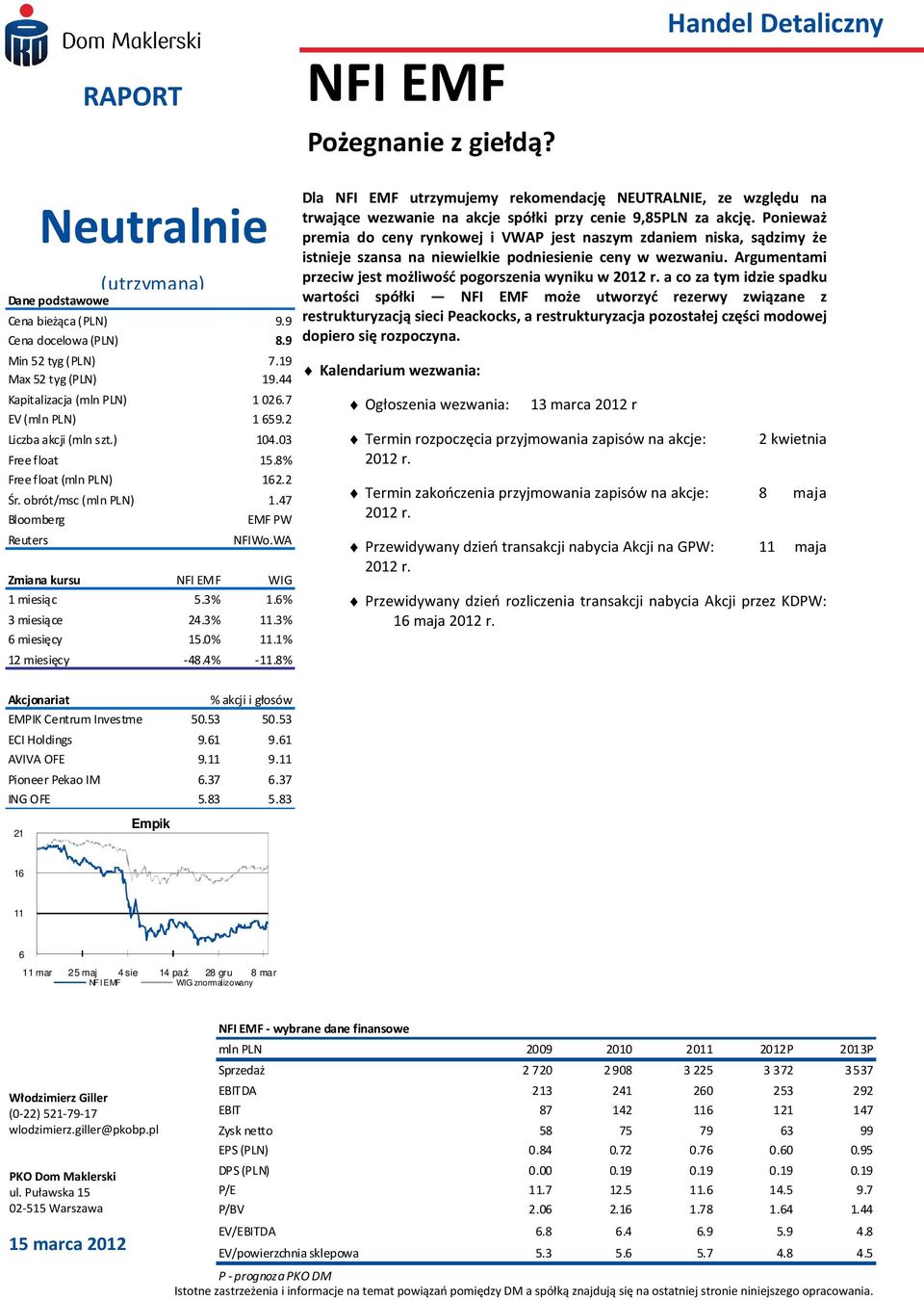 6% 3 miesiące 24.3% 11.3% 6 miesięcy 15.0% 11.1% 12 miesięcy -48.4% -11.8% Dla NFI EMF utrzymujemy rekomendację NEUTRALNIE, ze względu na trwające wezwanie na akcje spółki przy cenie 9,85PLN za akcję.