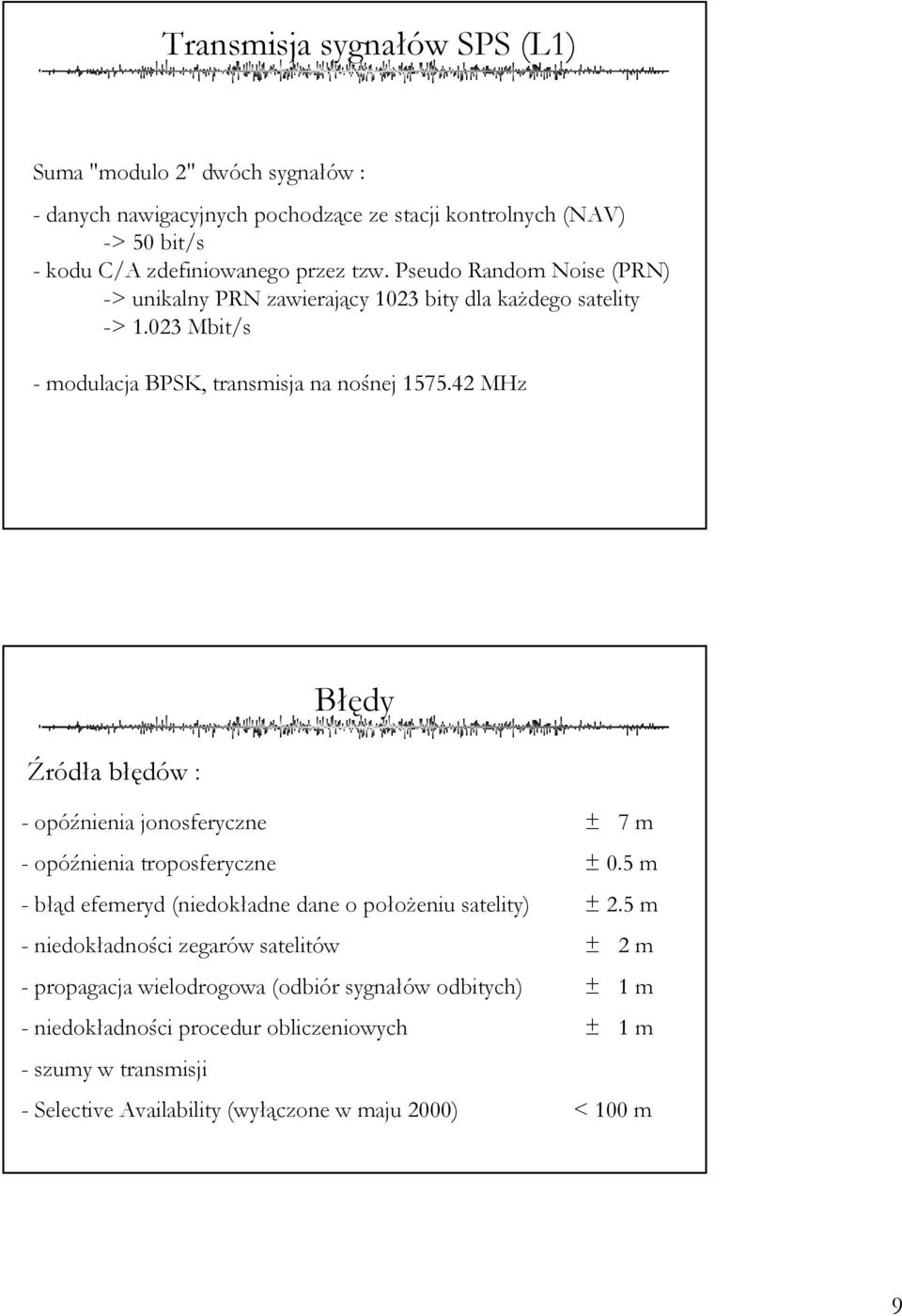 4 MHz Źródła błędów : Błędy - opóźnienia jonosferyczne ± 7 m - opóźnienia troposferyczne ± 0.5 m - błąd efemeryd (niedokładne dane o położeniu satelity) ±.