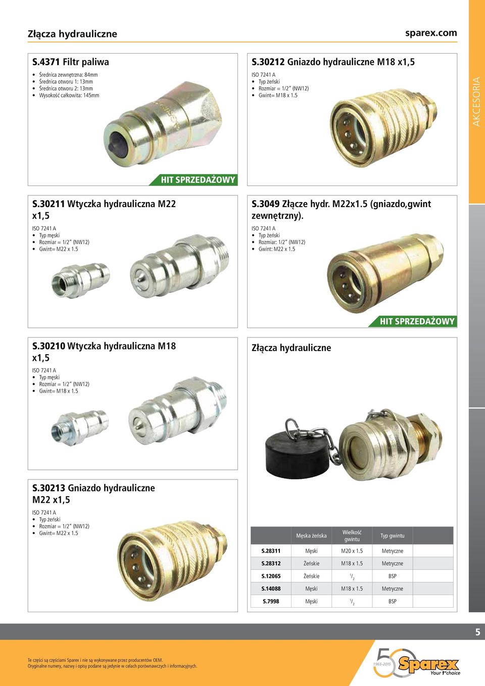 30211 Wtyczka hydrauliczna M22 x1,5 ISO 7241 A Typ męski Rozmiar = 1/2 (NW12) Gwint= M22 x 1.5 S.3049 Złącze hydr. M22x1.5 (gniazdo,gwint zewnętrzny).