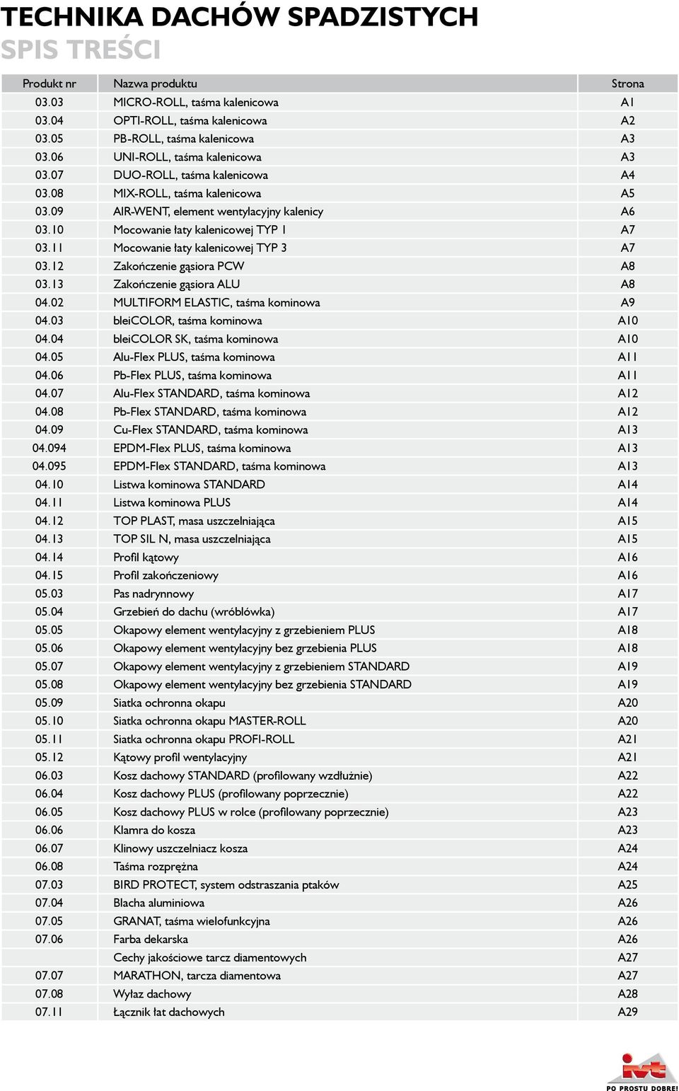 11 Mocowanie łaty kalenicowej TYP 3 A7 03.12 Zakończenie gąsiora PCW A8 03.13 Zakończenie gąsiora ALU A8 04.02 MULTIFORM ELASTIC, taśma kominowa A9 04.03 bleicolor, taśma kominowa A10 04.