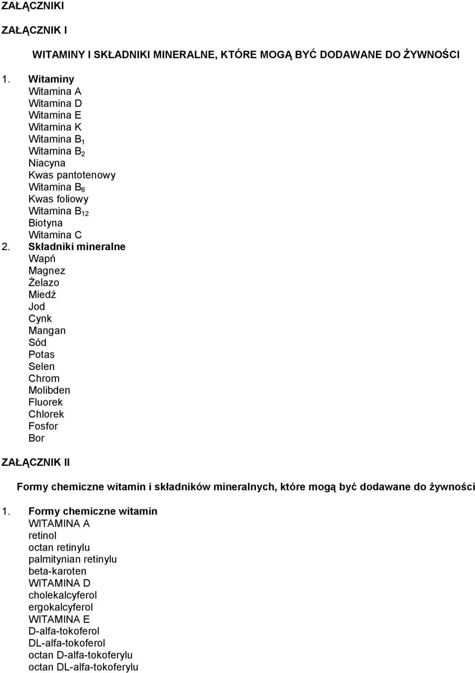 Składniki mineralne Wapń Magnez Żelazo Miedź Jod Cynk Mangan Sód Potas Selen Chrom Molibden Fluorek Chlorek Fosfor Bor ZAŁĄCZNIK II Formy chemiczne witamin i składników