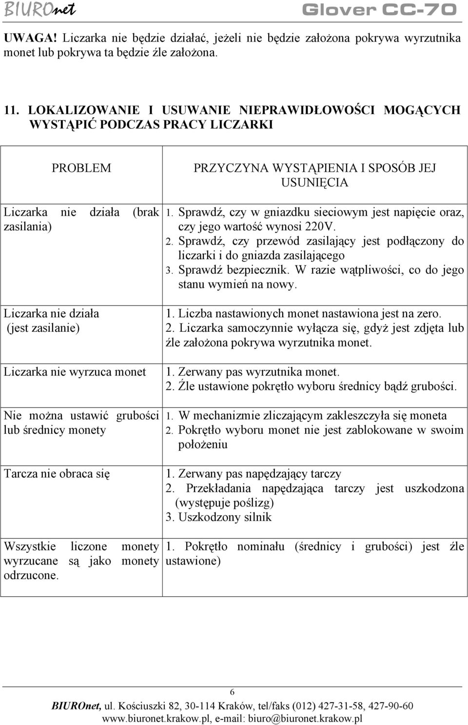 można ustawić grubości lub średnicy monety Tarcza nie obraca się PRZYCZYNA WYSTĄPIENIA I SPOSÓB JEJ USUNIĘCIA 1. Sprawdź, czy w gniazdku sieciowym jest napięcie oraz, czy jego wartość wynosi 22