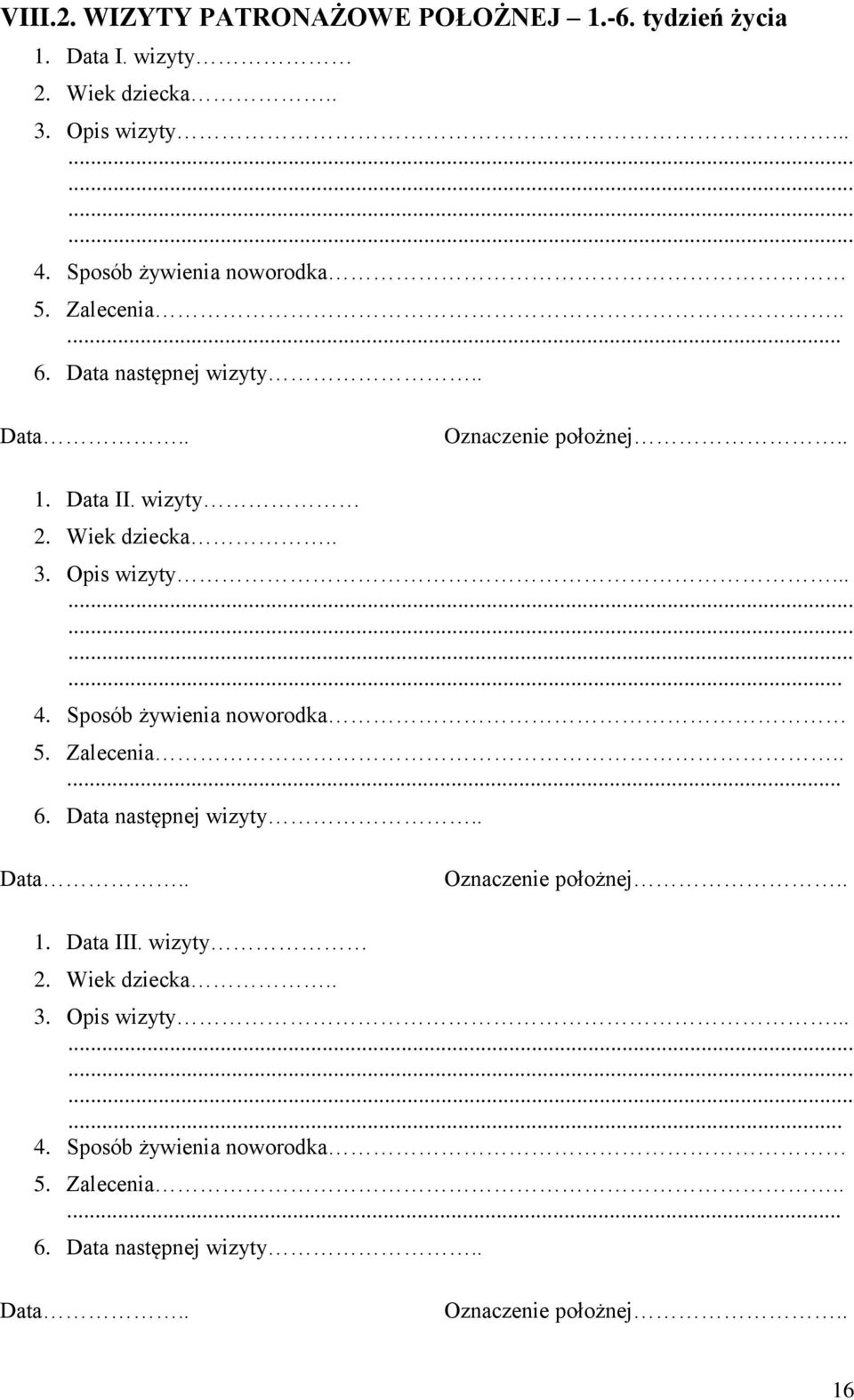 Opis wizyty............... 4. Sposób żywienia noworodka 5. Zalecenia..... 6. Data następnej wizyty.. Data.. Oznaczenie położnej.. 1. Data III.