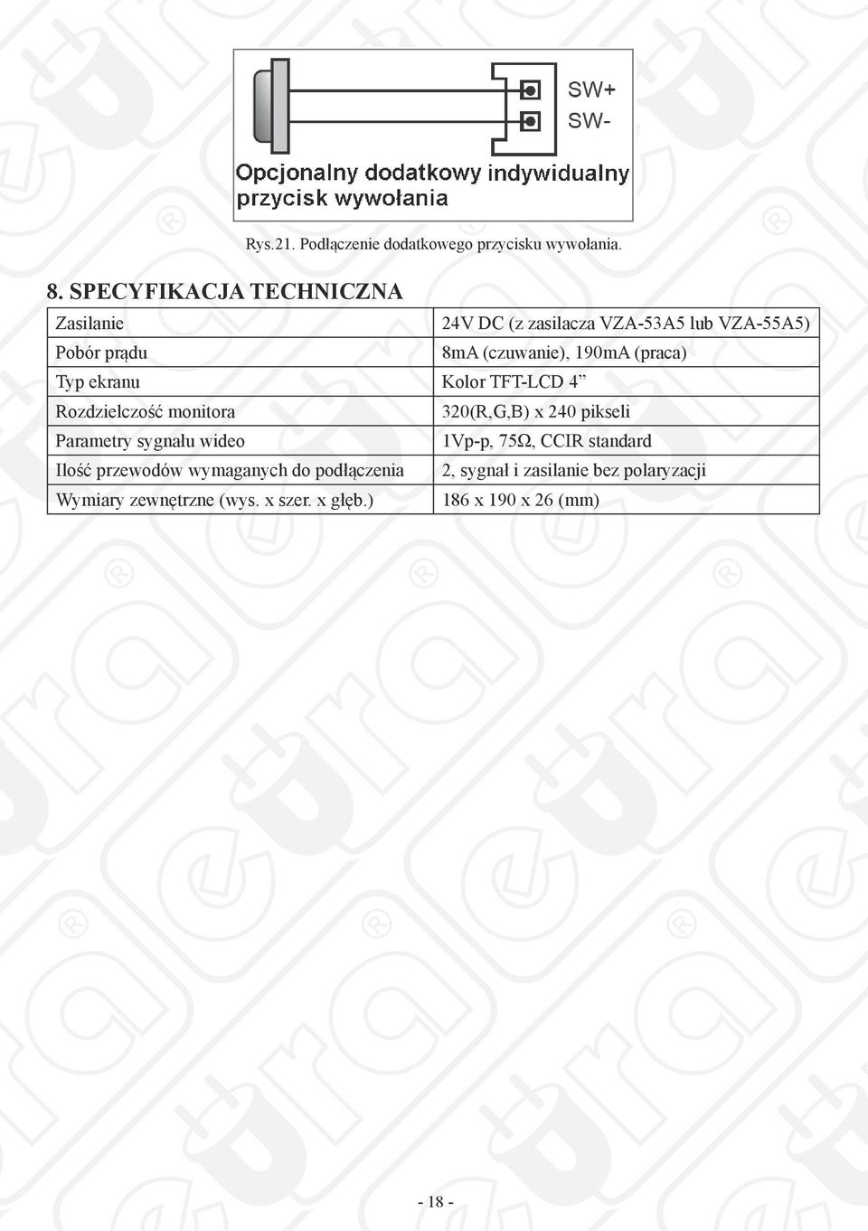 (praca) Typ ekranu Kolor TFT-LCD 4 Rozdzielczość monitora 320(R,G,B) x 240 pikseli Parametry sygnału wideo