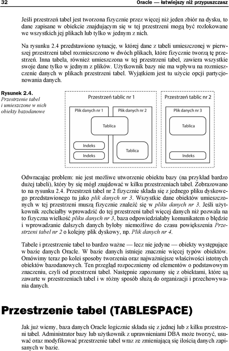 4 przedstawiono sytuację, w której dane z tabeli umieszczonej w pierwszej przestrzeni tabel rozmieszczono w dwóch plikach, które fizycznie tworzą tę przestrzeń.