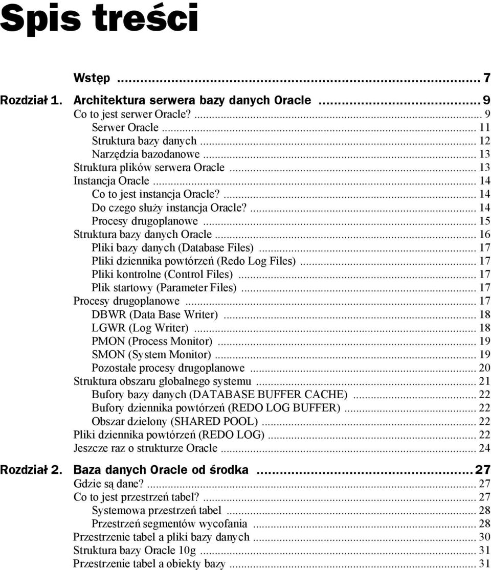 .. 16 Pliki bazy danych (Database Files)... 17 Pliki dziennika powtórzeń (Redo Log Files)... 17 Pliki kontrolne (Control Files)... 17 Plik startowy (Parameter Files)... 17 Procesy drugoplanowe.