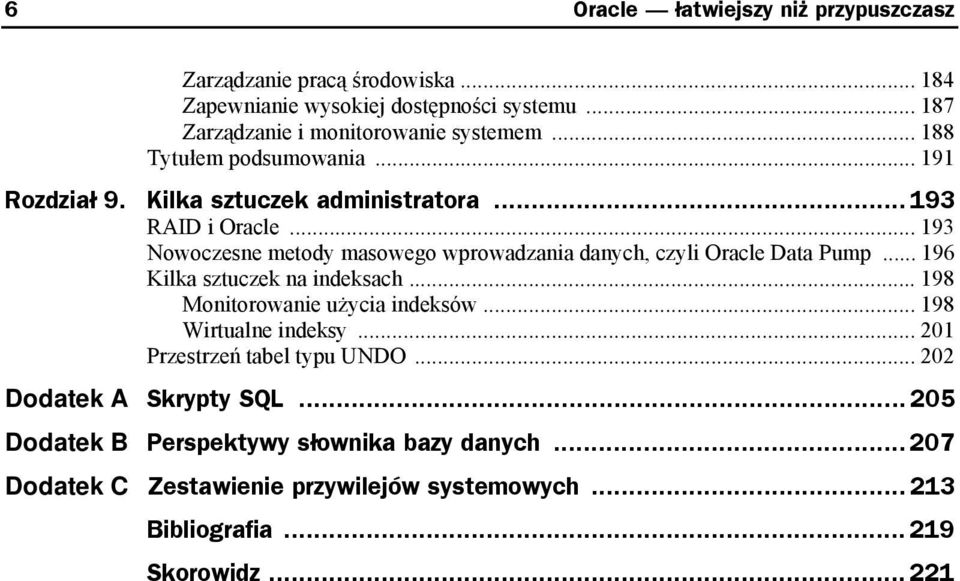 .. 193 Nowoczesne metody masowego wprowadzania danych, czyli Oracle Data Pump... 196 Kilka sztuczek na indeksach... 198 Monitorowanie użycia indeksów.