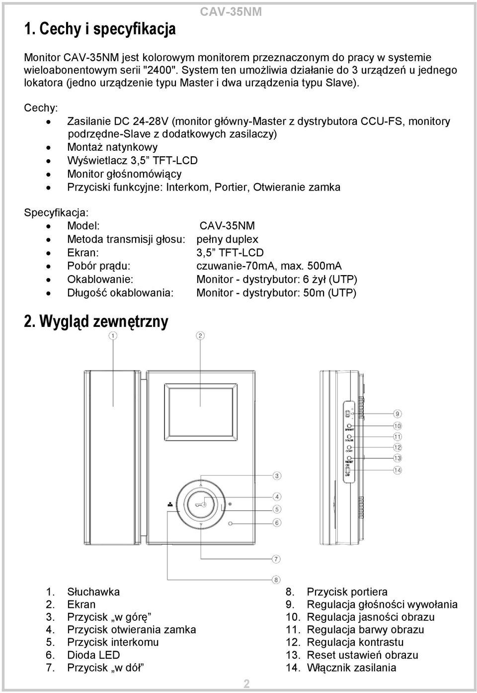 Cechy: Zasilanie DC 24-28V (monitor główny-master z dystrybutora CCU-FS, monitory podrzędne-slave z dodatkowych zasilaczy) Montaż natynkowy Wyświetlacz 3,5 TFT-LCD Monitor głośnomówiący Przyciski