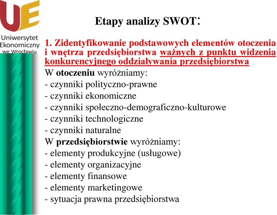 oddziaływania przedsiębiorstwa W otoczeniu wyróżniamy: - czynniki polityczno-prawne - czynniki ekonomiczne - czynniki