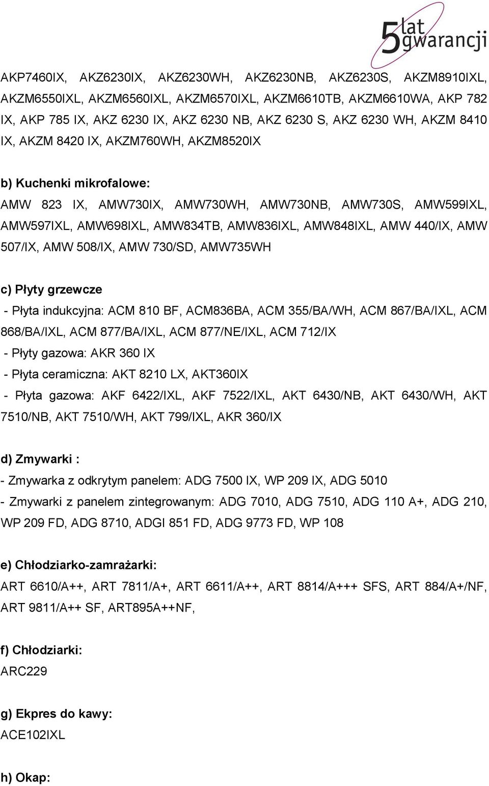 AMW 440/IX, AMW 507/IX, AMW 508/IX, AMW 730/SD, AMW735WH c) Płyty grzewcze - Płyta indukcyjna: ACM 810 BF, ACM836BA, ACM 355/BA/WH, ACM 867/BA/IXL, ACM 868/BA/IXL, ACM 877/BA/IXL, ACM 877/NE/IXL, ACM
