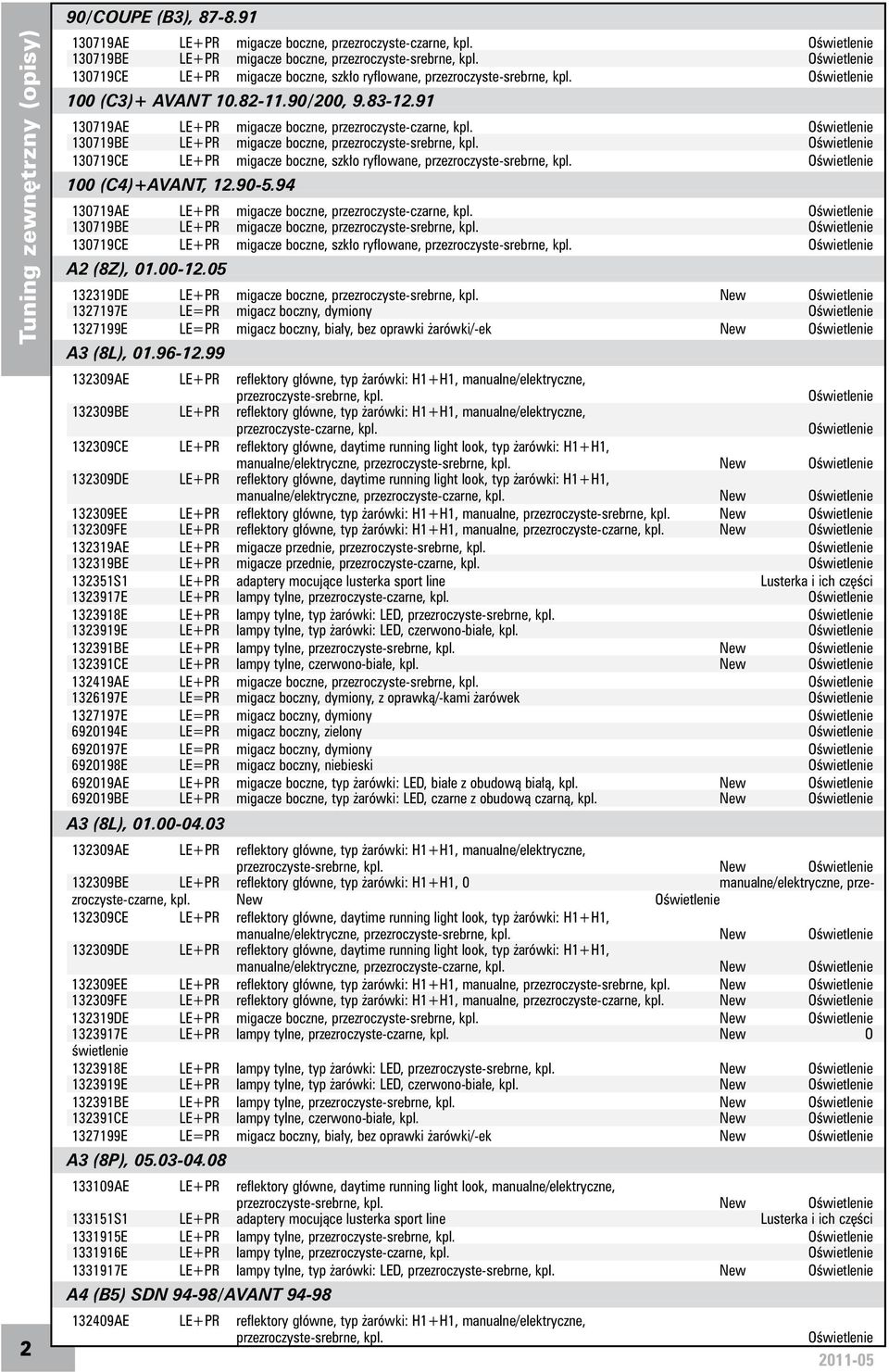 94 130719AE migacze boczne, Oświetlenie 130719BE migacze boczne, Oświetlenie 130719CE migacze boczne, szkło ryflowane, Oświetlenie A2 (8Z), 01.00-12.