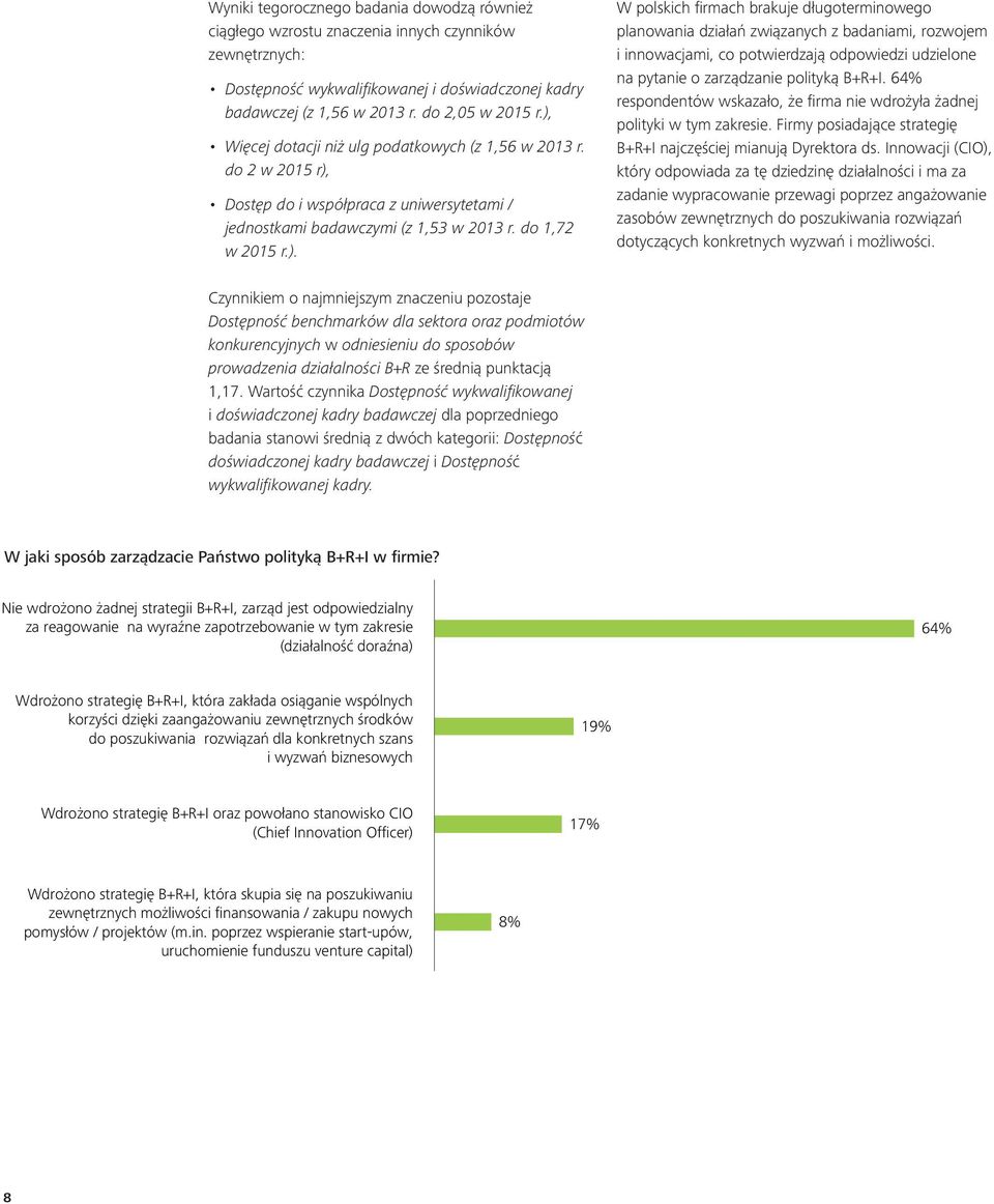 64% respondentów wskazało, że firma nie wdrożyła żadnej polityki w tym zakresie. Firmy posiadające strategię B+R+I najczęściej mianują Dyrektora ds.