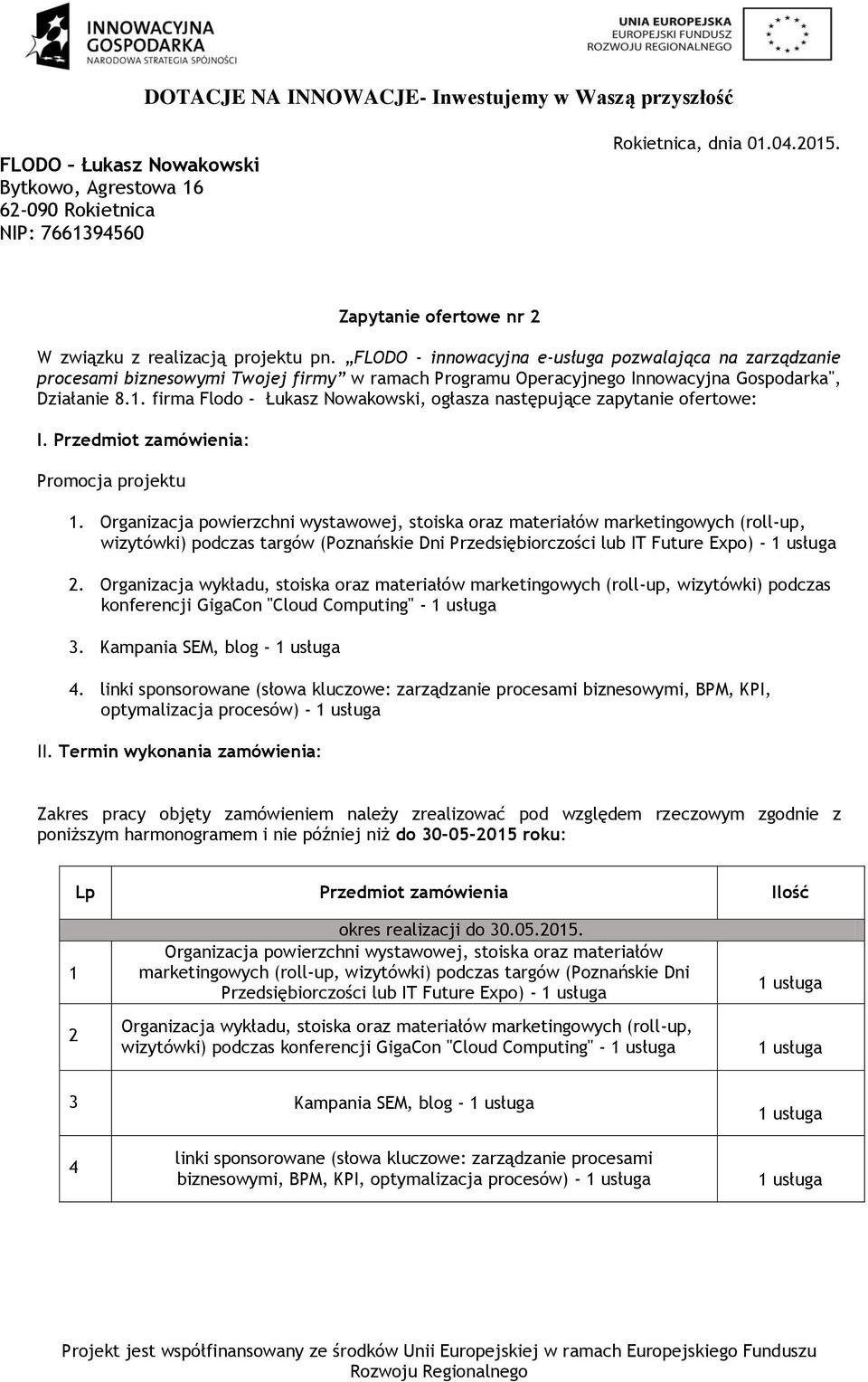 firma Flodo - Łukasz Nowakowski, ogłasza następujące zapytanie ofertowe: I. Przedmiot zamówienia: Promocja projektu 1.