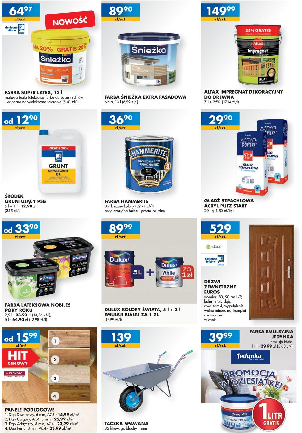 IMPREGNAT DEKORACYJNY DO DREWNA 7 l + 5% (7,4 zł/l) 90 36 90 9 90 ŚRODEK GRUNTUJĄCY PSB 5 l + l -,90 zł (,5 zł/l) FARBA HAMMERITE 0,7 l, różne kolory (5,7 zł/l) antykorozyjna farba - prosto na rdzę