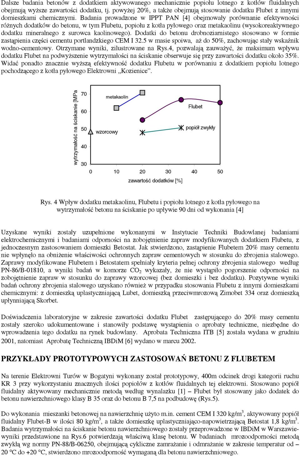 Badania prowadzone w IPPT PAN [4] obejmowały porównanie efektywności różnych dodatków do betonu, w tym Flubetu, popiołu z kotła pyłowego oraz metakaolinu (wysokoreaktywnego dodatku mineralnego z