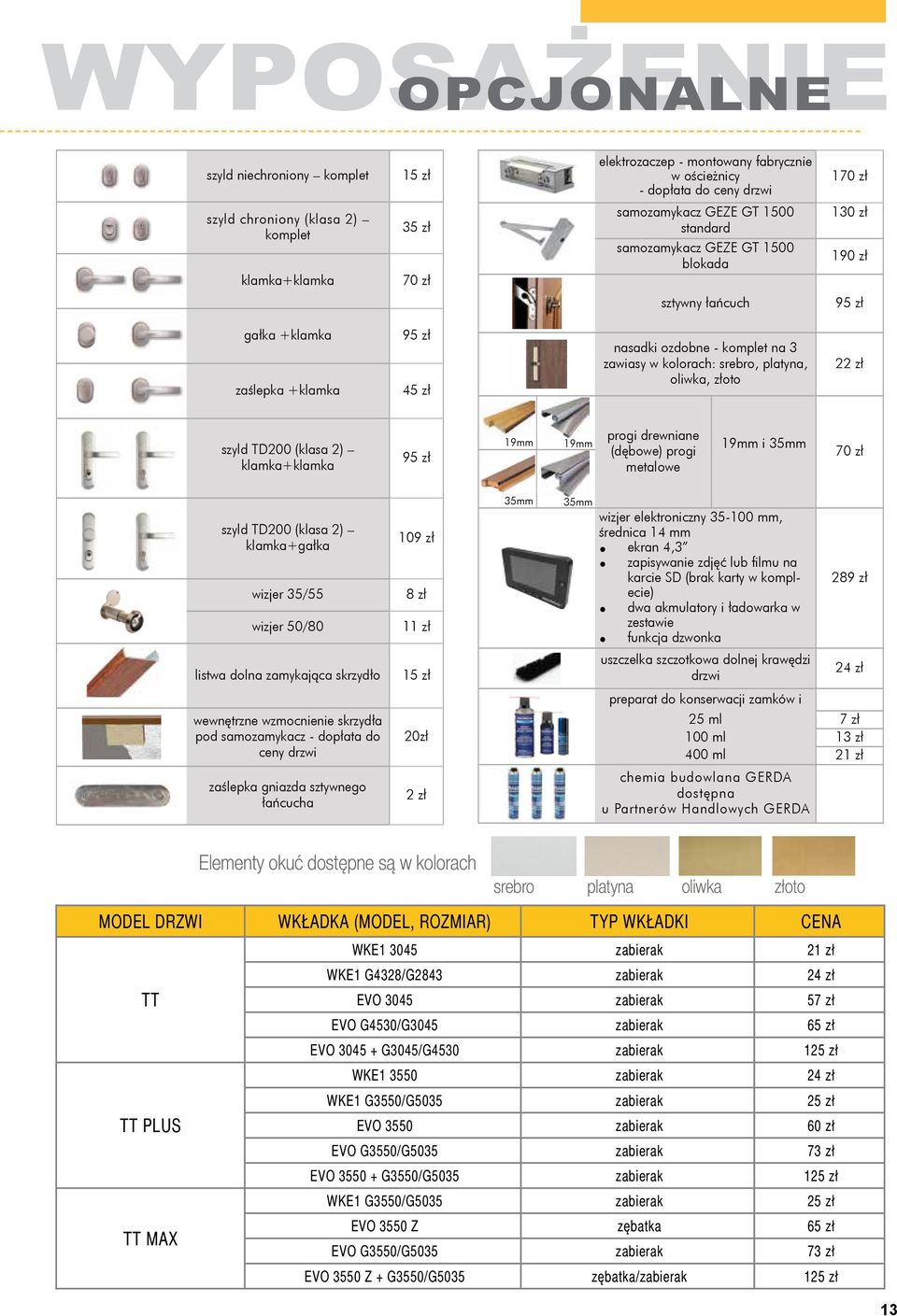 srebro, platyna, oliwka, złoto 22 zł szyld TD200 (klasa 2) klamka+klamka 95 zł 19mm 19mm progi drewniane (dębowe) progi metalowe 19mm i 35mm 70 zł szyld TD200 (klasa 2) klamka+gałka wizjer 35/55