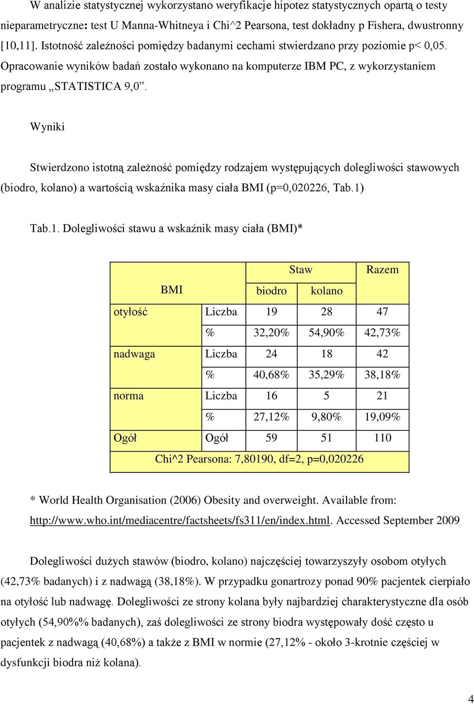Wyniki Stwierdzono istotną zależność pomiędzy rodzajem występujących dolegliwości stawowych (biodro, kolano) a wartością wskaźnika masy ciała BMI (p=0,020226, Tab.1)
