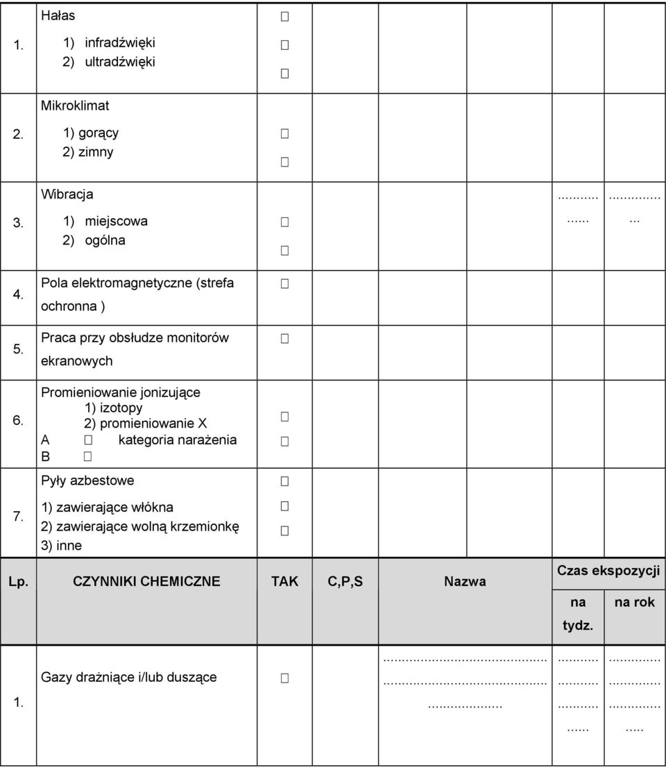 Promieniowanie jonizujące 1) izotopy 2) promieniowanie X A kategoria narażenia B Pyły azbestowe 7.